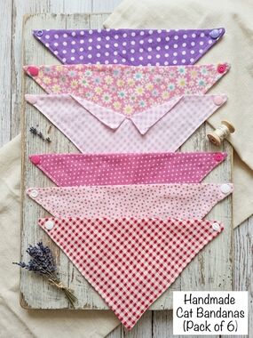 Handmade Cat Bandana Set - Pink, Purple & Red Patterns (Pack of 6)